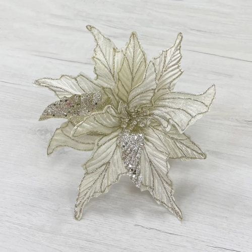 Декоративный цветок Пуансеттия 28 см., шампань с золотом, на клипсе, Christmas DeLuxe (87150)