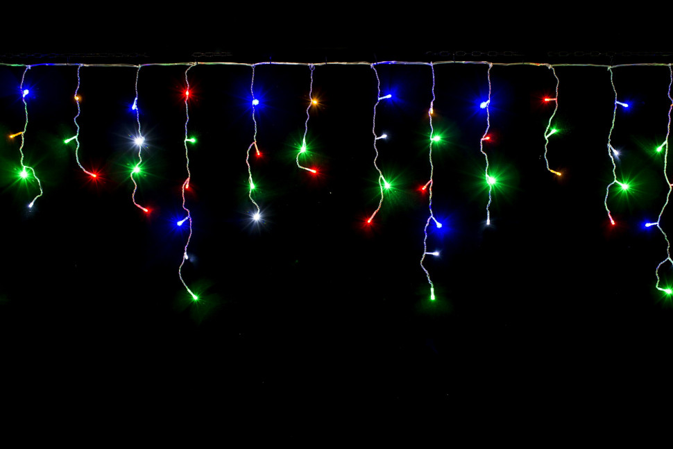 Светодиодная мерцающая бахрома 3*0.8 м., 220V, 100 разноцветных LED ламп, прозрачный силикон, Winner (m.02.5T.100+)