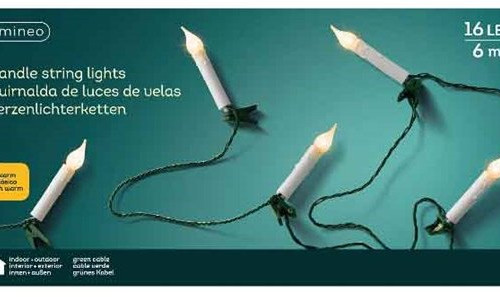 Светодиодная гирлянда в форме свечи 7,5 м., 220 V., 16 LED ламп теплого свечения, зеленый ПВХ, Kaemingk (490778)
