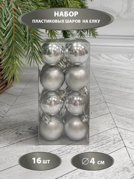 Набор пластиковых шаров Милена 40 мм., серебро, 16 шт., Christmas DeLuxe (87041)
