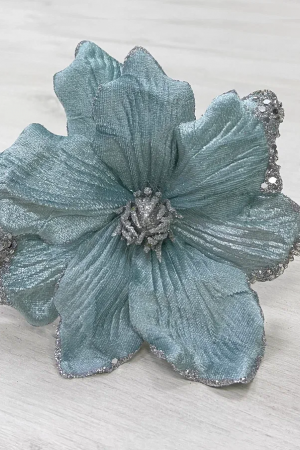 Декоративный цветок Магнолия 20 см., голубой, на клипсе, Christmas DeLuxe (87319)