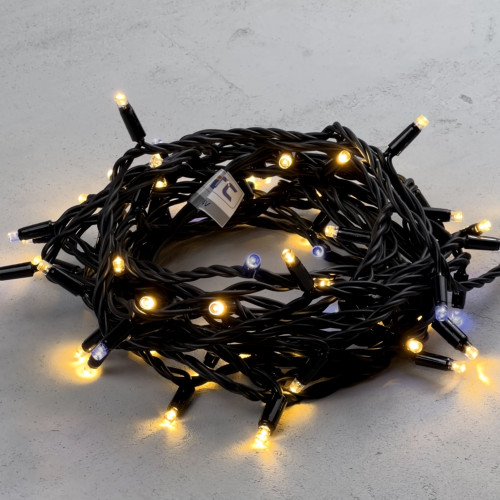Гирлянда Нить 10 м., Тепло-Белая с Мерцанием Белого Диода 220В, 75 LED, Провод Черный Каучук, IP65, LTC (LL75BLW-1-2WW) 