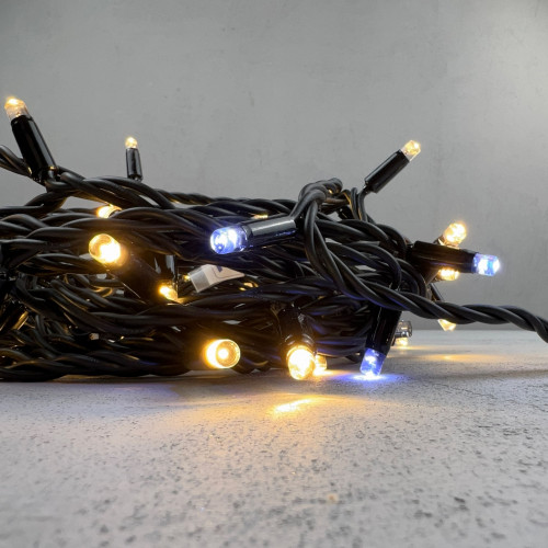 Гирлянда Нить 10 м., Тепло-Белая с Мерцанием Белого Диода 220В, 75 LED, Провод Черный Каучук, IP65, LTC (LL75BLW-1-2WW) 