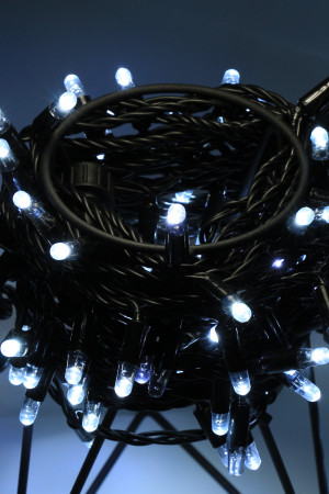 Светодиодная нить 100 холодных белых LED ламп, 10 м., 24В, мерцание, черный резиновый провод, Teamprof (TPF-S10CF-24V-RB/W)