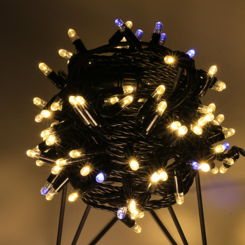Светодиодная нить 100 теплых белых LED ламп, 10 м., 24В, мерцание, черный резиновый провод, Teamprof (TPF-S10CF-24V-RB/WW)