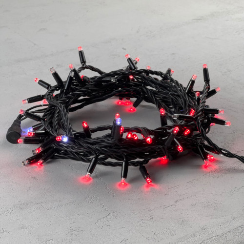 Гирлянда Нить 10 м., Красные с Мерцанием Белого Диода 220В, 75 LED, Провод Черный Каучук, IP65, LTC (LL75BLW-1-2R) 