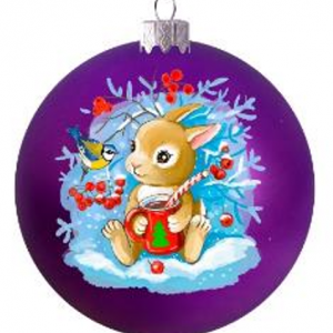 Стеклянный шар Крольчонок с синичкой 80 мм., в подарочной упаковке, Коломеев (КУ-80-224059)