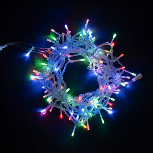 Светодиодная нить 100 разноцветных LED ламп с мерцанием, 10 м., 24В, прозрачный провод ПВХ, LTC (PST100BLW-10-1M)