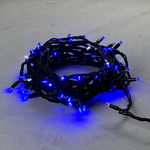 Гирлянда Нить 10 м., Синяя с Мерцанием Белого Диода 220В, 75 LED, Провод Черный Каучук, IP65, Beauty LED (LL75BLW-1-2B) 