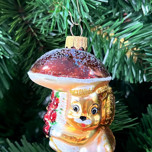 Елочное украшение Белочка с грибом, стекло, 9 см., 1 шт., Витус (А210)