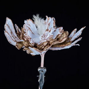 Декоративный цветок Дворцовый Пион 24х15 см., белый с коричневым, на клипсе, Christmas DeLuxe (88924)