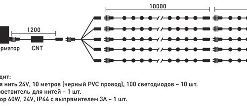 Комплект гирлянды на деревья 100 м., 5 лучей по 20 м, 24V, 1000 синих LED ламп, черный ПВХ, LTC (KDD1000-11-1B)