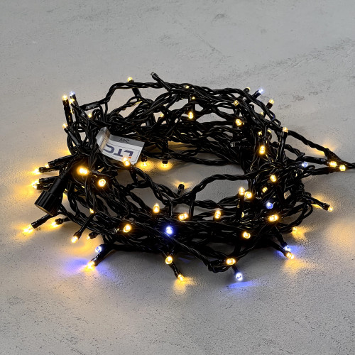 Светодиодная нить 100 теплых белых LED ламп с мерцанием, 10 м., 24В., черный провод ПВХ, LTC (PST100BLW-11-1WW)