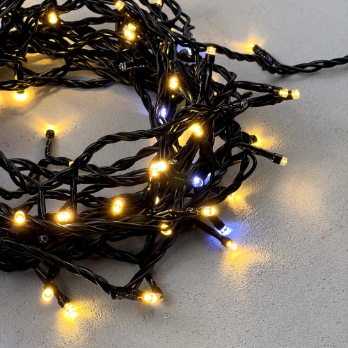 Светодиодная нить 100 теплых белых LED ламп с мерцанием, 10 м., 24В., черный провод ПВХ, LTC (PST100BLW-11-1WW)