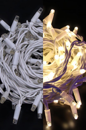 Светодиодная нить на цветном проводе 10 м., 24V, 100 теплых белых LED ламп, белый провод, Rich LED (RL-S10C-24V-RW/WW) 
