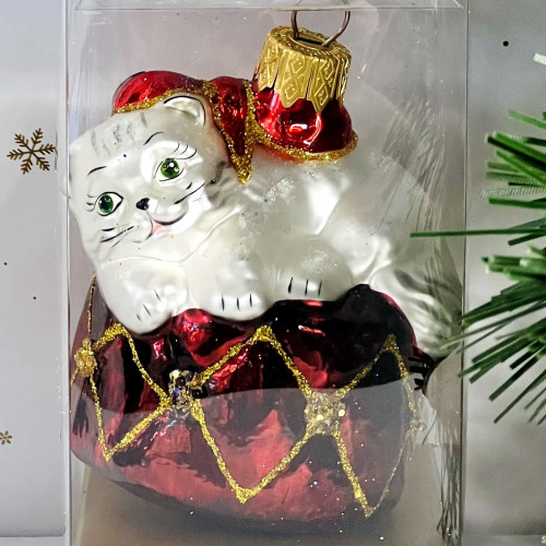 Елочное украшение Котик на шкатулке, стекло, 7.5 см., 1 шт., Витус (А228)
