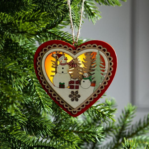 Ёлочная игрушка Красное сердце со снеговиком 12х2 см., от батареек, свечение тёплое белое, Luazon Lighting (6117361)