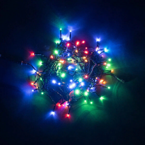 Светодиодная нить 100 разноцветных LED ламп с мерцанием, 10 м., 24В., черный провод ПВХ, LTC (PST100BLW-11-1M)