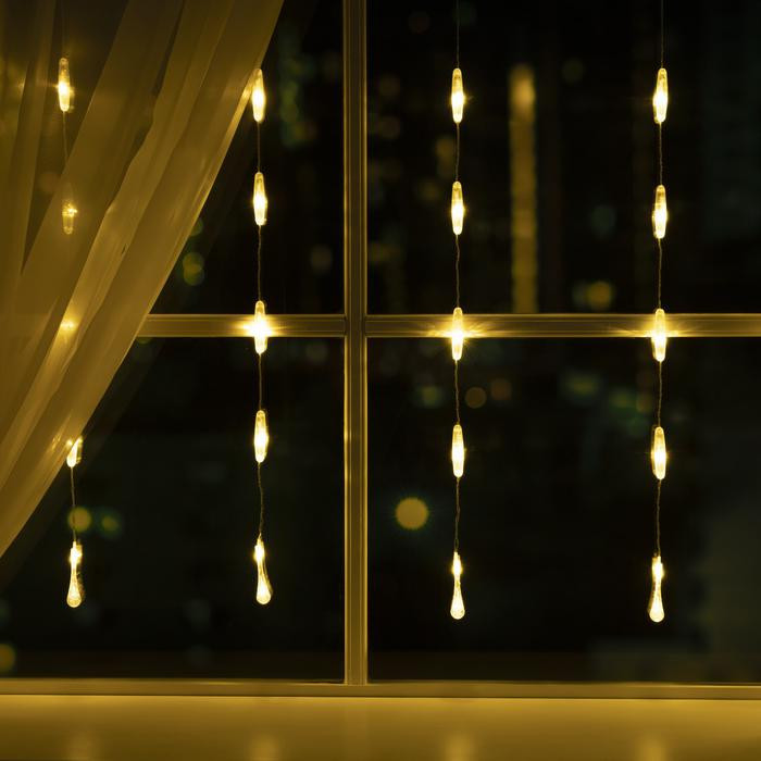 Гирлянда-занавес Капли 2.5*0.65 м., IP20, прозрачная нить, 50 LED, свечение теплое белое, 8 режимов, 220 В., Luazon Lighting (3612412)