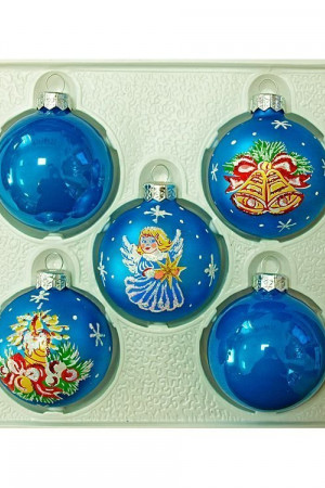 Набор стеклянных шаров Рождественский 5 шт., 60 мм., синий, Ёлочка (С1122/2)